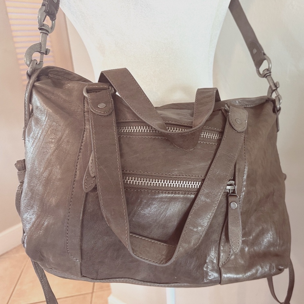 Olivia Harris Grey Leather Crossbody Distressed Hobo bag purse
